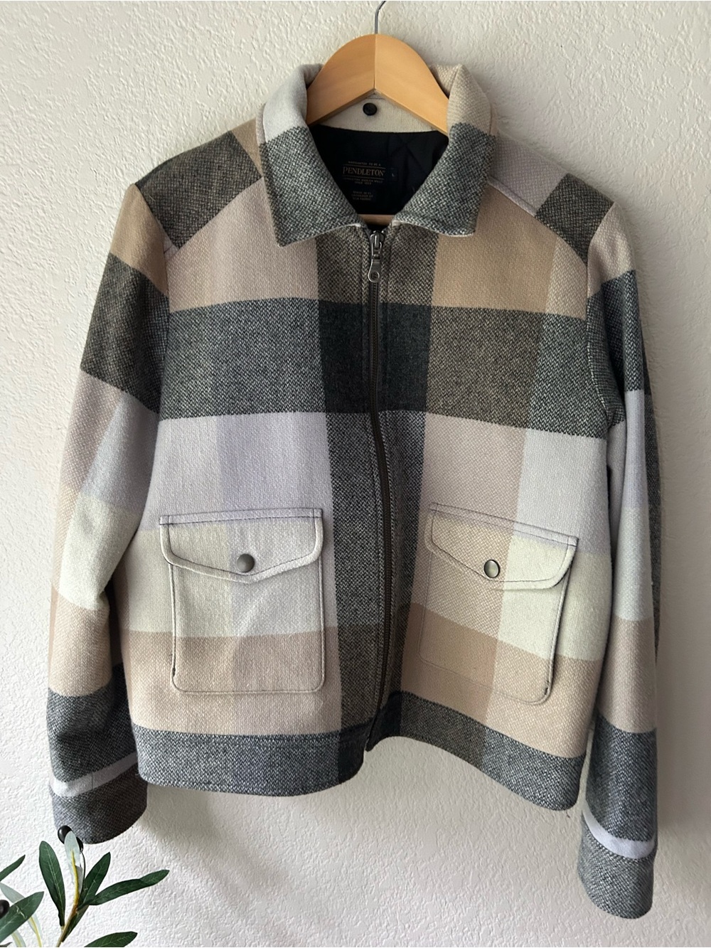 Pendleton Men's Plaid Wool Zip Jacket in Beige, Gray & Cream